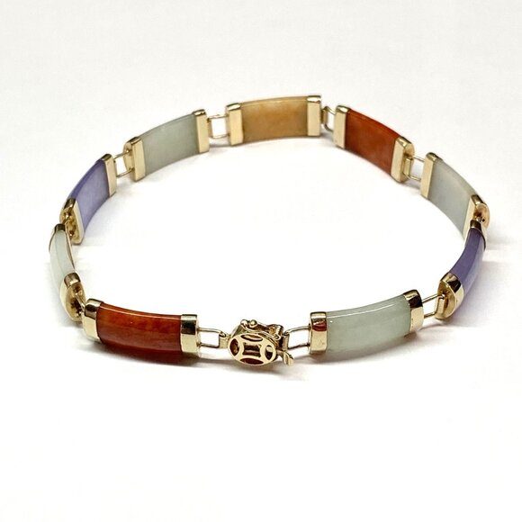 14K Gold Multicolor Jade Gemstone Bar Link Estate Vtg Tennis Bracelet J818 - Picture 5 of 9